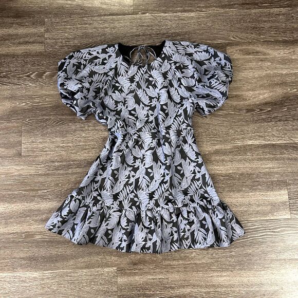 NWT Topshop Jacquard Puff Sleeve Mini Dress Blue Floral Open Back US 12 UK 16 - Picture 5 of 14